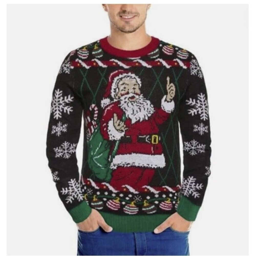 Ugly Holiday New Santa Claus Knit Crewneck Black Red Christmas Sweater